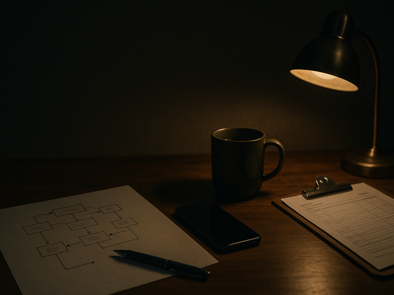 Desk at night with a hand-drawn workflow diagram, a phone, a coffee mug and a clipboard of estimates