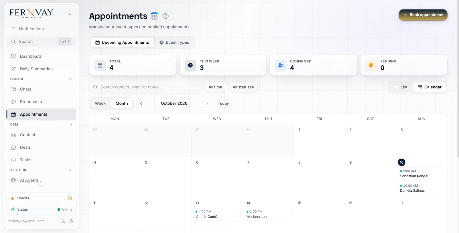 Appointments calendar with bookings the assistant made, by vet