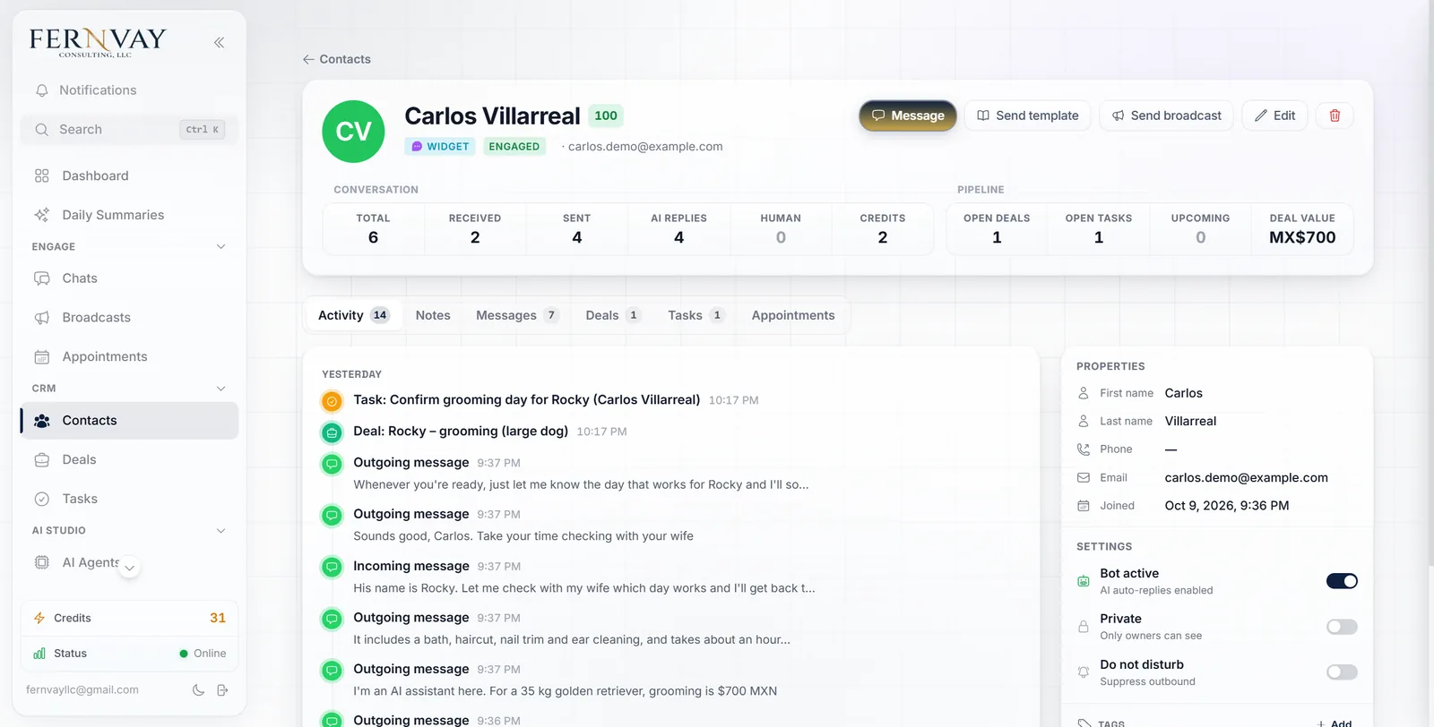Contact profile with the details the assistant saved, an open deal and a follow-up task