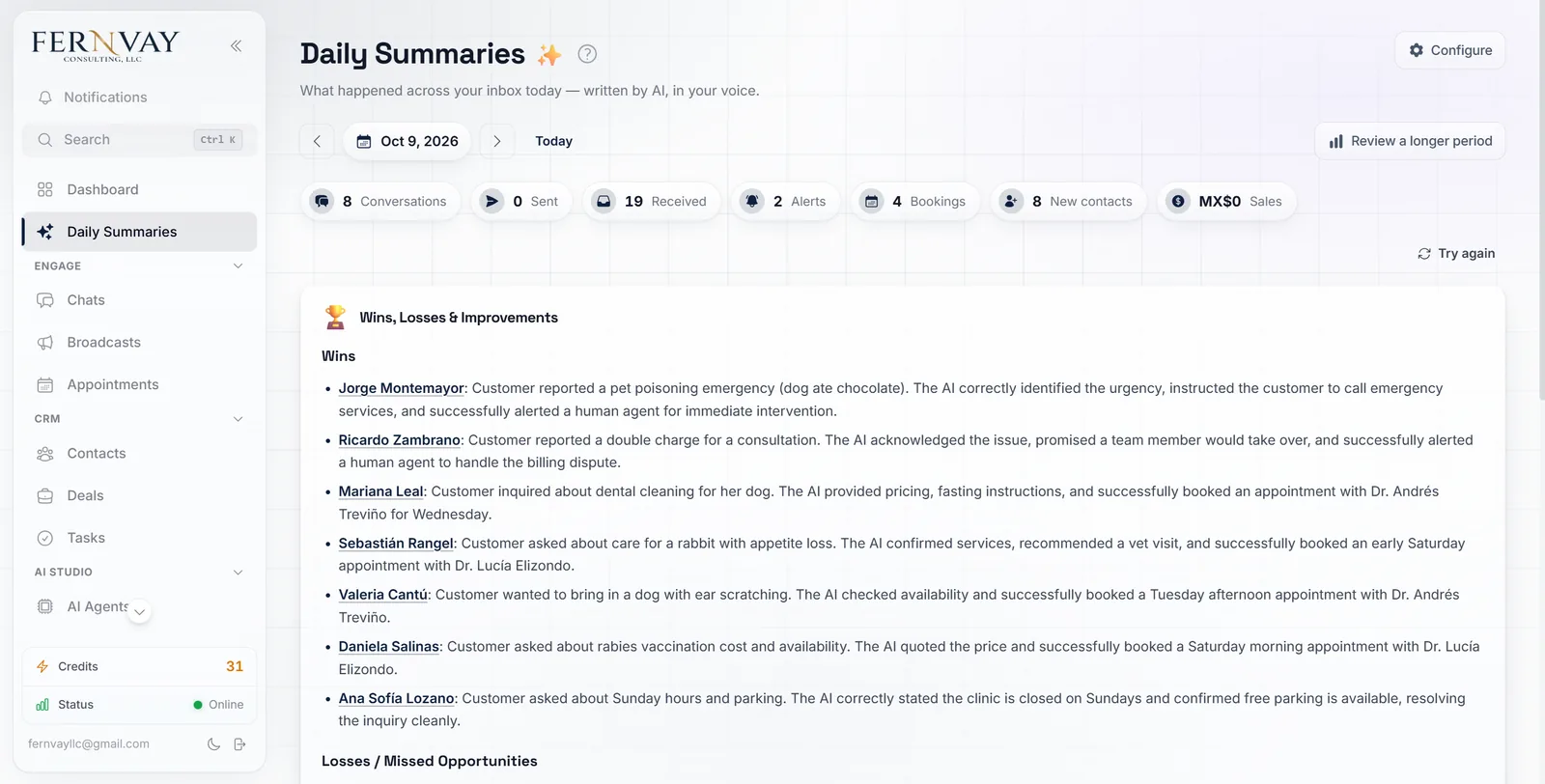 Daily summary of the day before: conversations, bookings, alerts and how each chat went