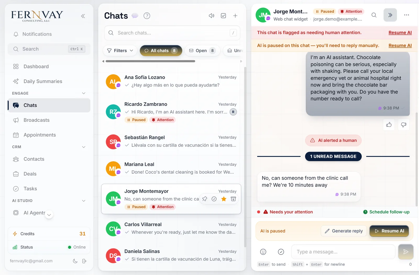 Conversation flagged for a person: the assistant paused and alerted the team about a pet emergency